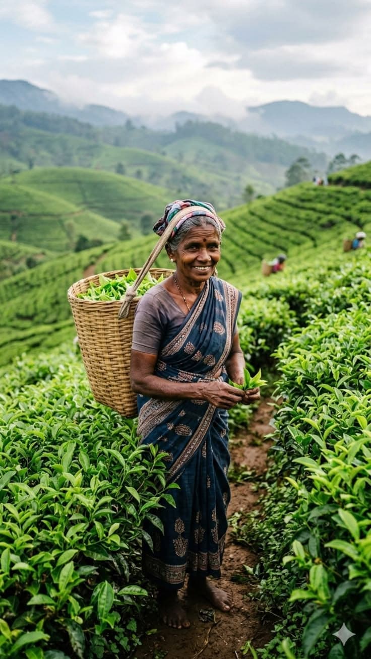 A tea estate worker carrying a basket among the tea bushes