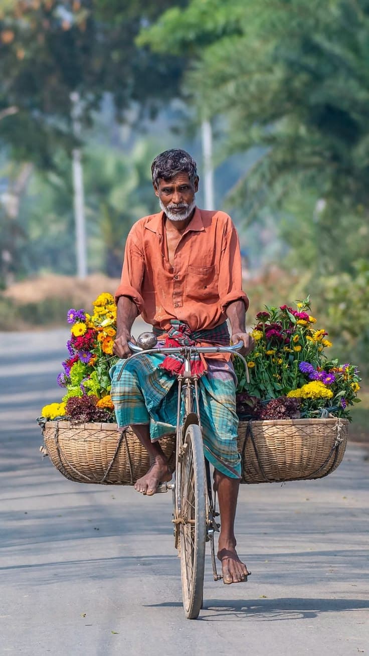 A man carrying baskets of flowers by bicycle